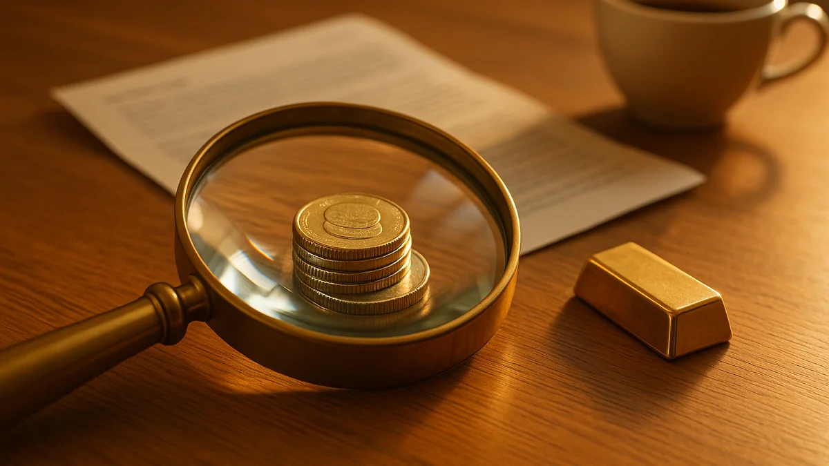 Lupe über einem Münzstapel auf einem Holztisch, daneben ein Goldbarren, ein Kontoauszug und eine Kaffeetasse als Sinnbild für den Faktencheck verbreiteter Finanzmythen