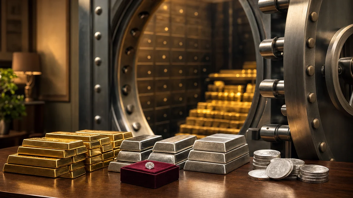 Gold- und Silberbarren, Silbermünzen und ein Diamant in einem roten Samtkästchen vor einer geöffneten Tresortür als Sinnbild für ein Depot mit physischen Sachwerten