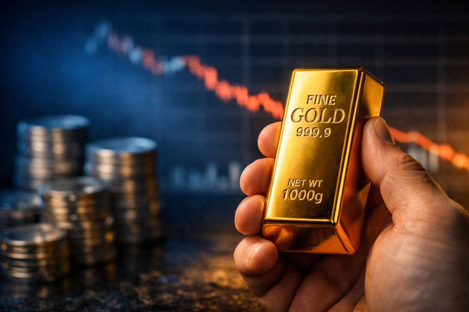 Goldbarren vor abstrahiertem Marktumfeld