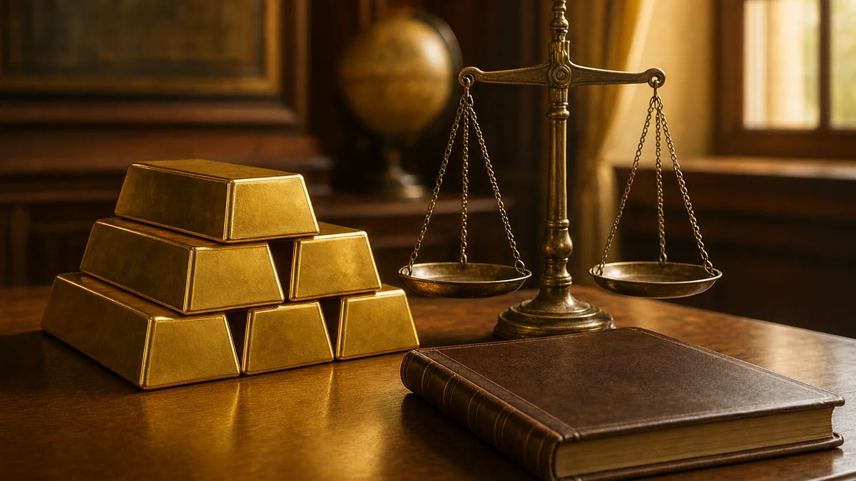 Gestapelte Goldbarren neben einer antiken Messingwaage und einem ledergebundenen Buch auf einem Holztisch als Sinnbild für die Goldreserven von Staaten